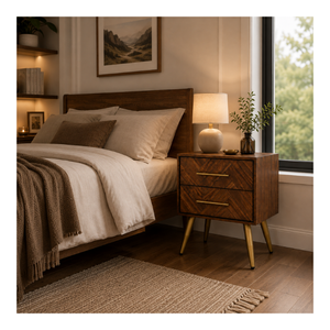 Mid Century Wooden <b>Bedside</b> <b>Table</b> 2 Drawer Nightstand Tapered Legs OEM ODM Custom Supplier Direct Supply Bedroom Furniture - Product Image 1