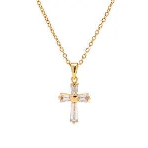 Anti Allergy Stainless Steel Cross Pendant Necklace Gold Plated Cuban Chain Crystal Holder Necklace