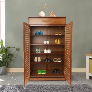 Vintage brown bamboo <b>shoe</b> <b>rack</b>, 5-tier, with 1 drawer and 2 doors. Suitable for various applications. - Product Image 5