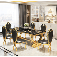 Ensemble de table à manger rectangulaire de luxe moderne style farmhouse Dubai Gold, 6 places, plateau en marbre, acier inoxydable, meubles de salle à manger