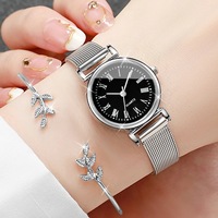 Nouvelle montre pour femme à quartz, écologique, compacte, avec boîtier rond de 7 mm d'épaisseur, bracelet en maille d'alliage, cadran en verre, aiguilles jour/date et motif feuille