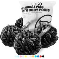 Éponge de douche noire avec logo personnalisé, éponge de bain, loofahs, boule de douche, charbon de bambou naturel, maille, éponges en vrac, grande éponge de douche