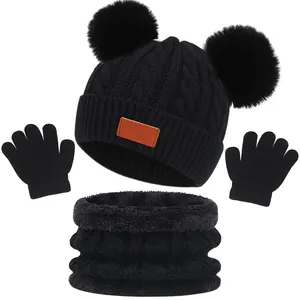 <span class=keywords><strong>Bonnet</strong></span> d'hiver en coton tricoté pour tout-petits pour enfants, ensemble de <span class=keywords><strong>bonnet</strong></span> à boules de poils pour enfants, 3 pièces, vente en gros - Product Image 1
