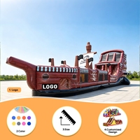 Castillo Inflable de Grado Comercial con Obstáculos de Barco Pirata y Tobogán Acuático