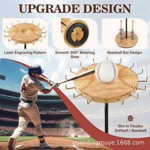 <b>Rotating</b> Wooden <b>Display</b> Rack For Baseball Rings Solid Wood Storage <b>Stand</b> With Baseball Top And Team Rings Holder - Product Image 5