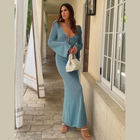 Robe longue blanche en maille pour femme, style cache-cœur, transparente, col en V, ajourée, dos nu, pour la plage
