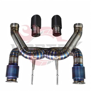 Escape de titanio Vortex X-Pipe para McLaren 720S 4.0L V8 Biturbo, sección central de rendimiento con punta de carbono azul quemado y corte tipo pie. - Product Image 1