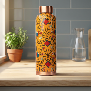 Thermos en métal à motif oriental, bouteille d'eau portable de voyage avec couvercle, garniture en cuivre, design jaune - Product Image 3