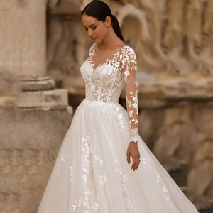 Elegant Ball Gown Wedding Dress With Floral Print Sweetheart Neckline Long Sleeves White A Line Bridal Gown For Outdoor Wedding - Product Image 2