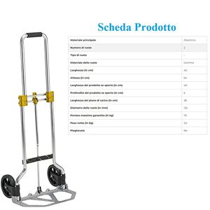 Carrello Pieghevole in Alluminio 38x34x96 Cm Capacità 45 Kg Manico Telescopico 2 Ruote Carrello da Campeggio - Product Image 5
