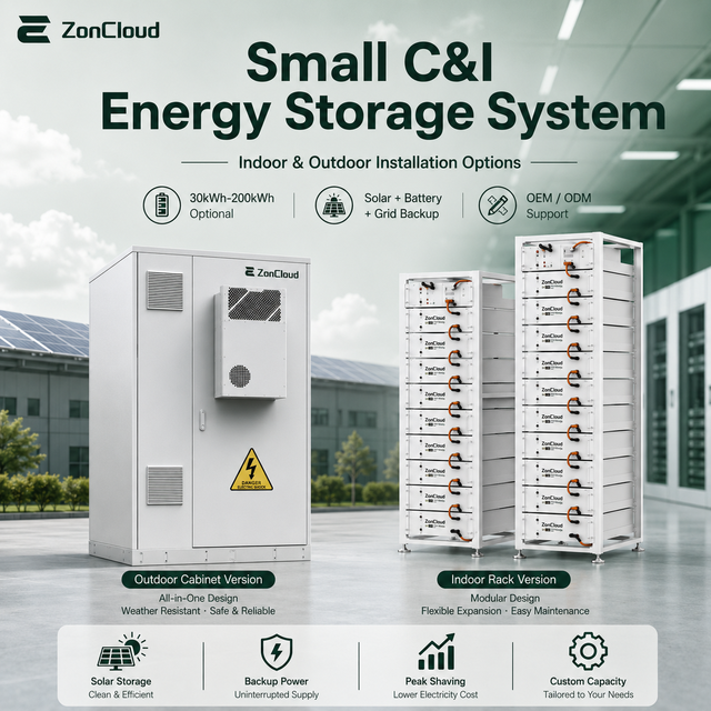ZonCloud 30kWh 200kWh Indoor Outdoor Commercial Energy Storage System LiFePO4 Battery Cabinet Rack Solar Power Storage Solution