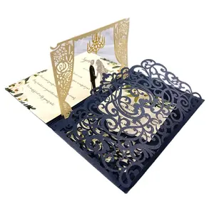 כחול כהה בורדו פרל לייזר לחתוך 3D חתונת הזמנה כרטיס trifold כרטיסי ברכה מתנה כיס להזמין כיסוי ליום נישואים