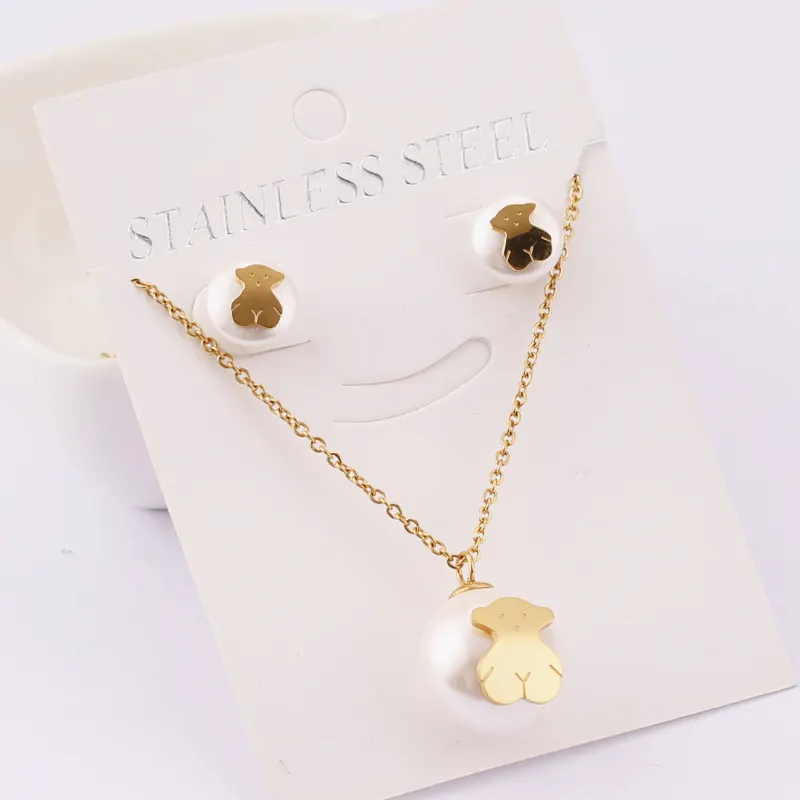 Hx Share Simple Stainless Steel Jewelry Golden Female Pearl Set Panda Necklace