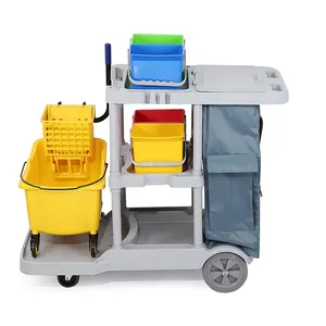 High Quality Hotel Room Service Flat Cart Plastic Cleaning Trolley For Grey Rubber Caster Wheel