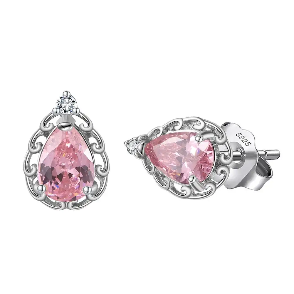 RINNTIN LMN09 vente en gros élégant S925 boucles d'oreilles en argent avec poire coupe 5A rose zircone pierre vis dos bijoux fins pour les femmes