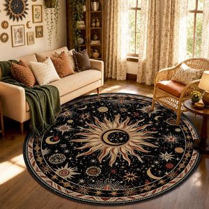 Alfombra Boho Gótica con Diseño de <span class=keywords><strong>Sol</strong></span> y Luna, Grande, Negra, Dorada, Beige, Roja, de Pelo Corto, Lavable, Antideslizante, para Sala de Estar, Entrada, Decoración - Product Image 1