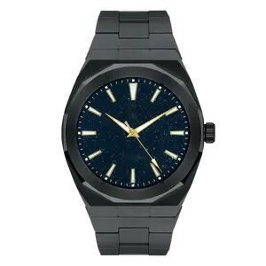 热卖黑色IP电镀色45毫米不锈钢蓝色砂岩表盘星空男士豪华手表与星尘