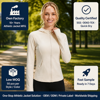 Veste zippée à capuche pour femme, coupe ajustée, couleur crème, col montant, manches raglan, passe-pouce, fermeture éclair intégrale, vente en gros, usine OEM