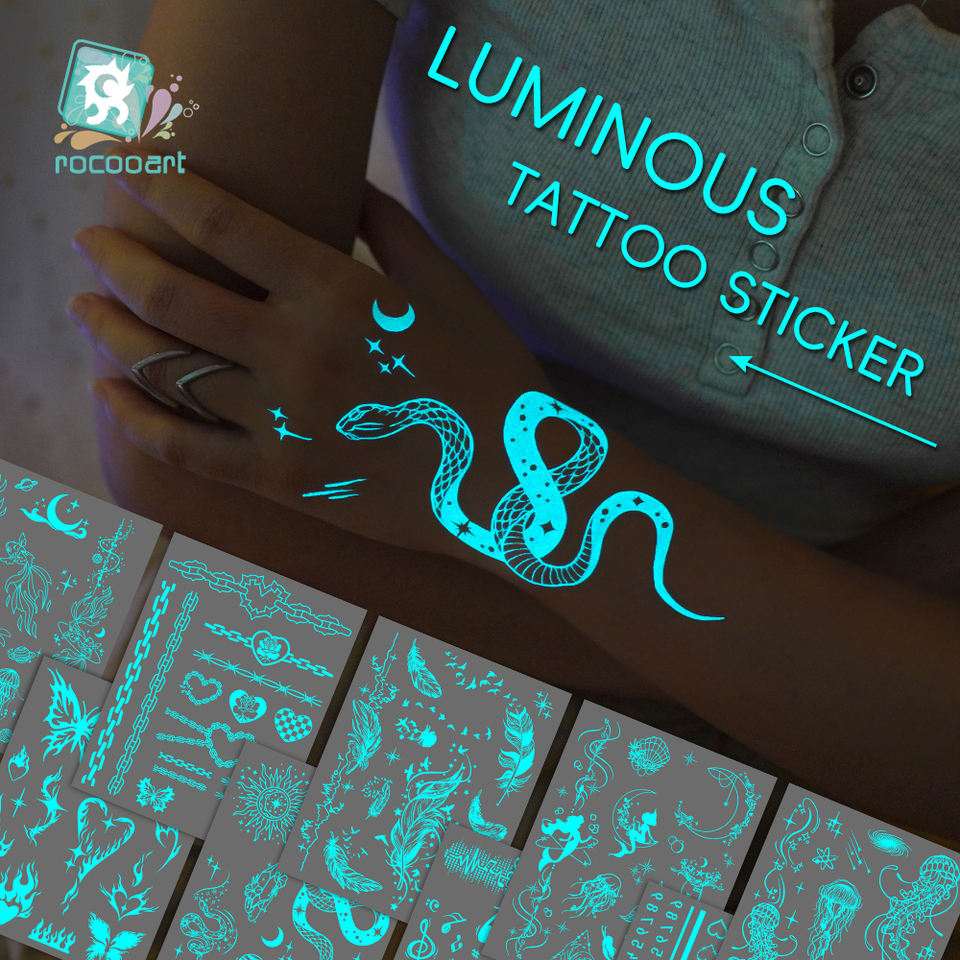 Tatuaje falso de loto de encaje Tribal Sexy que brilla en la oscuridad, diseños de tatuajes de copo de nieve de diente de león luminoso azul, tatuajes temporales para mujer