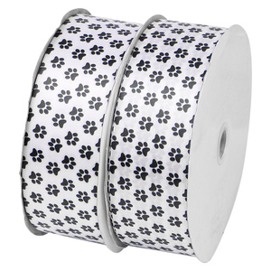Белая тканая атласная полиэфирная лента большой ширины 3,8 см с простой черной печатью с логотипом собачьей лапы Милая фирменная упаковочная лента - Product Image 1