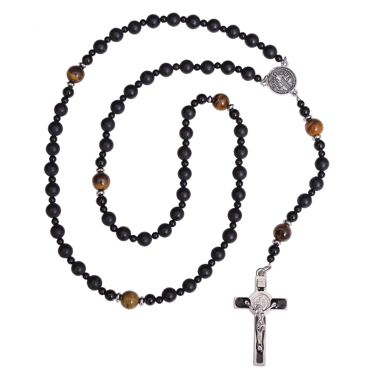 Vente en gros de qualité supérieure fabriqués à la main de pierres précieuses anciennes crucifix médaille médaille saint Benoît noir onyx chapelet perles collier catholique