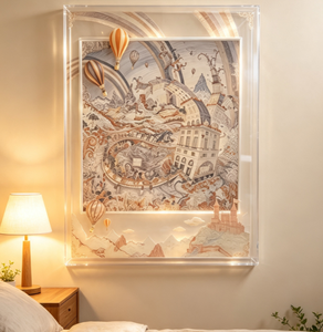 Tableau mural carré vintage Paysage Château Montgolfière, Peinture décorative avec panneau acrylique transparent à motifs - Product Image 5