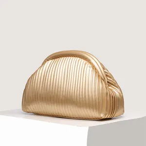Plain Women Crossbody Bag Golden Clutches Minimalist Ruched Purse Fashionable Party Bags