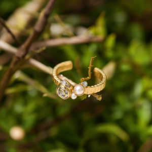 Fashion <b>Ring</b> 316L Stainless Steel PVD Gold Plating With Crystal And Pearl Inlay <b>Adjustable</b> For Women - Product Image 3