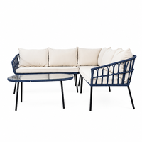 Ensemble de canapé sectionnel en forme de L en osier tressé bleu marine avec table basse ovale en verre, meubles de patio, coussins crème pour le jardin