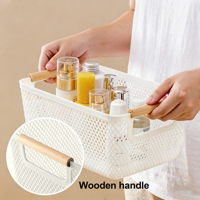 Panier de rangement en plastique pour bureau, 3 pièces, couleur personnalisée, avec poignées en bois, tri des jouets, rangement en PP, organisateur de collations de cuisine