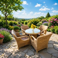 Ensemble de canapé de jardin en rotin PE résistant aux UV avec structure en fer et verre, 4 chaises et 1 table, utilisation intérieure, balcon, cour, terrasse
