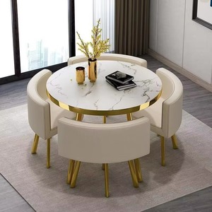 Table ronde moderne en MDF <span class=keywords><strong>de</strong></span> 25 mm, ensemble <span class=keywords><strong>de</strong></span> table à <span class=keywords><strong>manger</strong></span> <span class=keywords><strong>pas</strong></span> <span class=keywords><strong>cher</strong></span>, 1 table et <span class=keywords><strong>4</strong></span> chaises, base en métal pour boutique, centre commercial, maison, bar, hôtel, bureau - Product Image 6