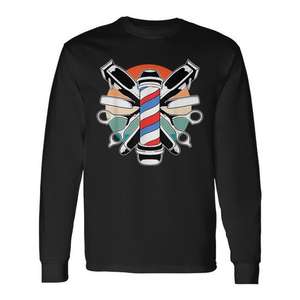 T-shirt à manches longues pour coiffeur homme avec motif de poteau de barbier et outils - Product Image 1