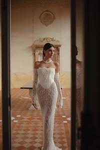 Robe de mariée sirène en crêpe, taille plus, <span class=keywords><strong>avec</strong></span> appliques, manches amovibles, dentelle perlée, corset, nouvelle collection, vente chaude, S0575N - Product Image 6