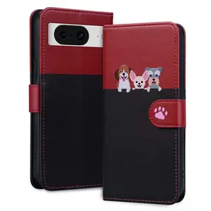 Étui de téléphone portefeuille en cuir à rabat pour Google pixel 8 PU mignon dessin animé chat chien étui de téléphone pour Google pixel 8 pro
