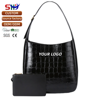 Bolso Hobo SHX Personalizado de Cuero Genuino en Color Sólido - Bolso de Hombro Negro Brillante con Bolsa Adicional
