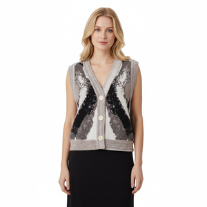 Low Moq Custom Women Knit Sweater V-neck Jacquard Sleeveless Women Knit Top Button Women Knit Vest