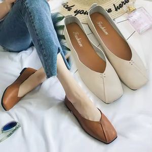 Women's PU Leather Flat <b>Shoes</b> Square Toe Ladies Walking Flats Girls' <b>Soft</b> Slip-On Autumn Summer Spring Breathable Ballet Flat - Product Image 1