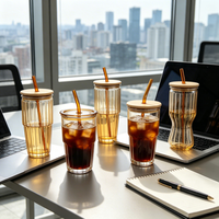 Gobelet en verre côtelé personnalisable avec couvercle en bambou et paille, 350 et 430 ml, réutilisable pour café glacé, milkshake et fêtes