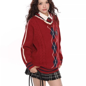 Pulls à col en V à manches longues décontractés de style preppy <span class=keywords><strong>vintage</strong></span> américain, couleur contrastée en argyle, Y2k <span class=keywords><strong>Pull</strong></span> Femme - Product Image 4