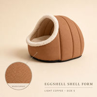 Lit pour chat en forme de coquille d'œuf couleur café clair, petit nid pour animaux de compagnie, surface tissée, doublure en peluche, lit d'intérieur pour animaux de compagnie, taille S