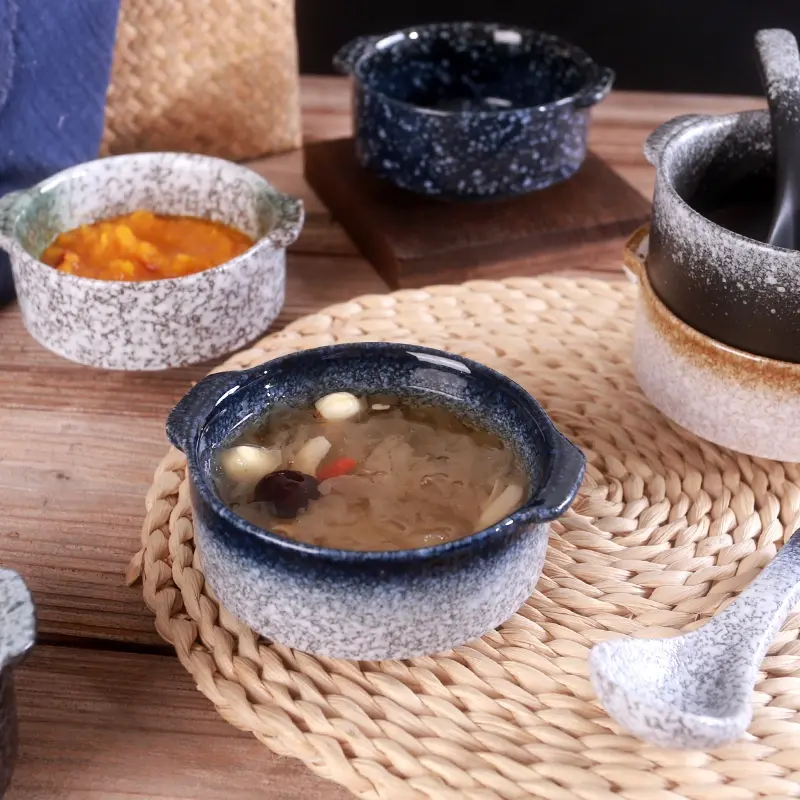 Japanese style ceramic stew pot for sale creative dessert ice bowls ceramic soup bowl with handle for restaurant