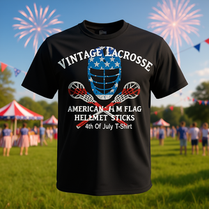 Camiseta vintage con diseño de la bandera americana de Lacrosse, con casco y palos, para el 4 de julio - Product Image 3