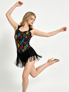 Leotardo con espalda descubierta y flecos de lentejuelas de diamante coloridos para mujer/niña, estampado, para danza escénica, danza del vientre, salsa, <span class=keywords><strong>tango</strong></span>, danza latina - Product Image 4