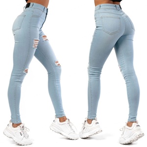 Wholesale OEM Stylish Cute Hip Hop <b>Denim</b> Stretchy High Waist Distressed <b>Blue</b> Washed Rips Skinny Women's <b>Jeans</b> - Product Image 6