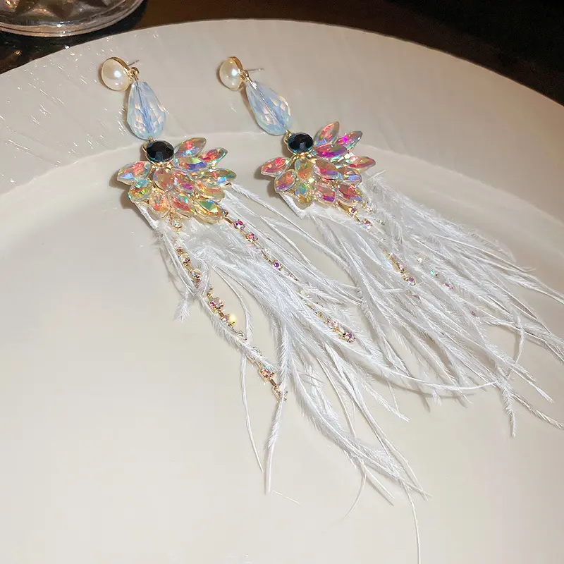 Long tassel earrings with diamond pearl feather