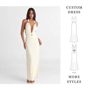 Vestido Maxi Elegante Personalizado para Mujer, Color Crema, Cuello Halter, Escote Profundo en V, Espalda Descubierta, Vestido de Fiesta, MOQ Bajo, Fábrica <span class=keywords><strong>China</strong></span> - Product Image 1