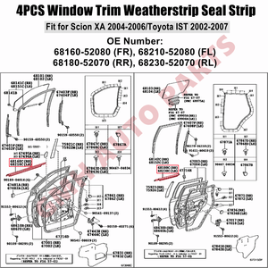 Ensemble de ceintures de protection contre les intempéries pour <span class=keywords><strong>Scion</strong></span> <span class=keywords><strong>XA</strong></span> 2004 <span class=keywords><strong>2005</strong></span> 2006 OE #68160-52080 68210-52080 68180-52070 68230-52070 - Product Image 2