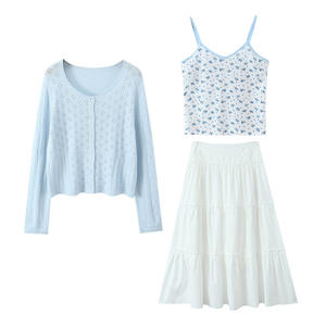 แฮปปี้ พลัสชุดเสื้อคาร์ดิแกนถักสีฟ้ากระโปรงสีขาวพลัสไซส์ผู้หญิงสไตล์สาวนักเรียนลำลอง N9152 - Product Image 3