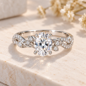<b>Oval</b> Cut <b>Moissanite</b> <b>Engagement</b> <b>Ring</b> 925 Sterling Silver Leaf Vine Design Bridal Wedding <b>Ring</b> Custom Fine Jewelry Manufacturer - Product Image 1